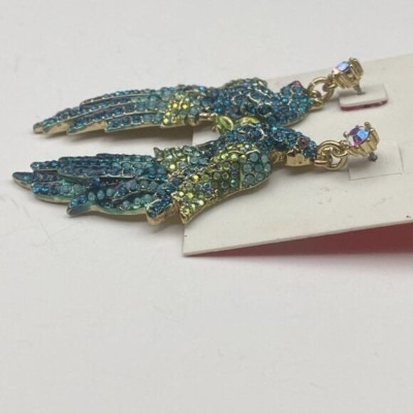 Betsey Johnson Earrings Keeping Up With The Critters Peacock Bird Teal Crystal - Picture 5 of 8